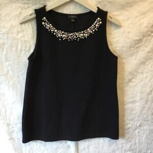 Ann Taylor Pearls Detailed Neckline Black Tank Top
